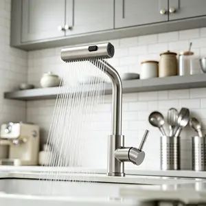 Brushed Silver Stainless Steel High-Arc Kitchen Faucet - 360° Rotation, 3 Spray Modes, Extended Bottom Bolt Sink Tap for Home Improvement