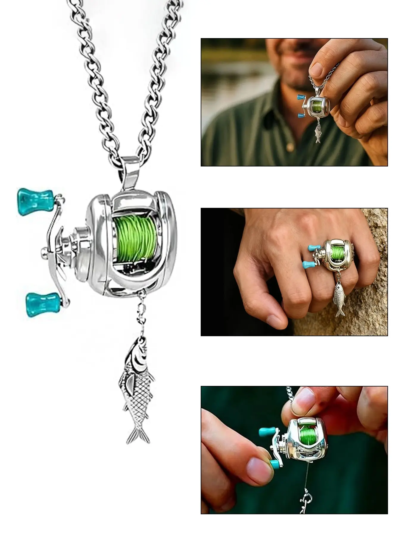 Mini Fishing Reel Necklace, rotatable handle & movable line guide ring. Detachable stylish Fashion pendant, outdoor-themed jewelry for fishing fans. Great gift for dad, boyfriend, husband, son, perfect for Father's Day & graduation. 🎣