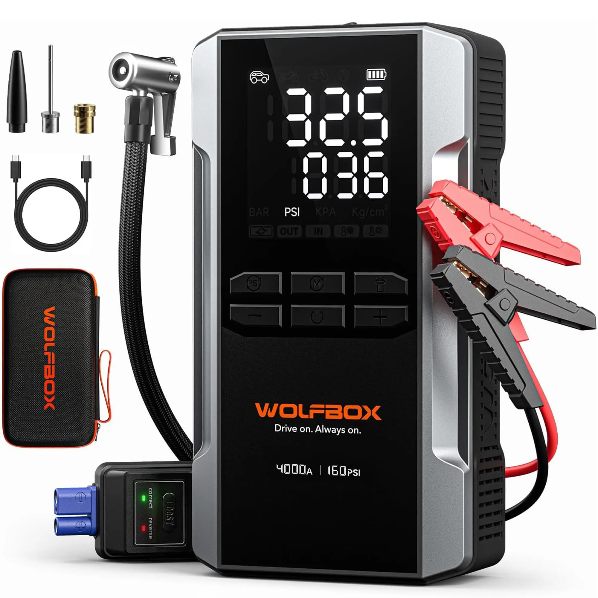 【FathersDayGift】WOLFBOX Jump Starter with Air Compressor – Portable 12V Car Battery Booster & Tire Inflator with Fast Charging, LED Light