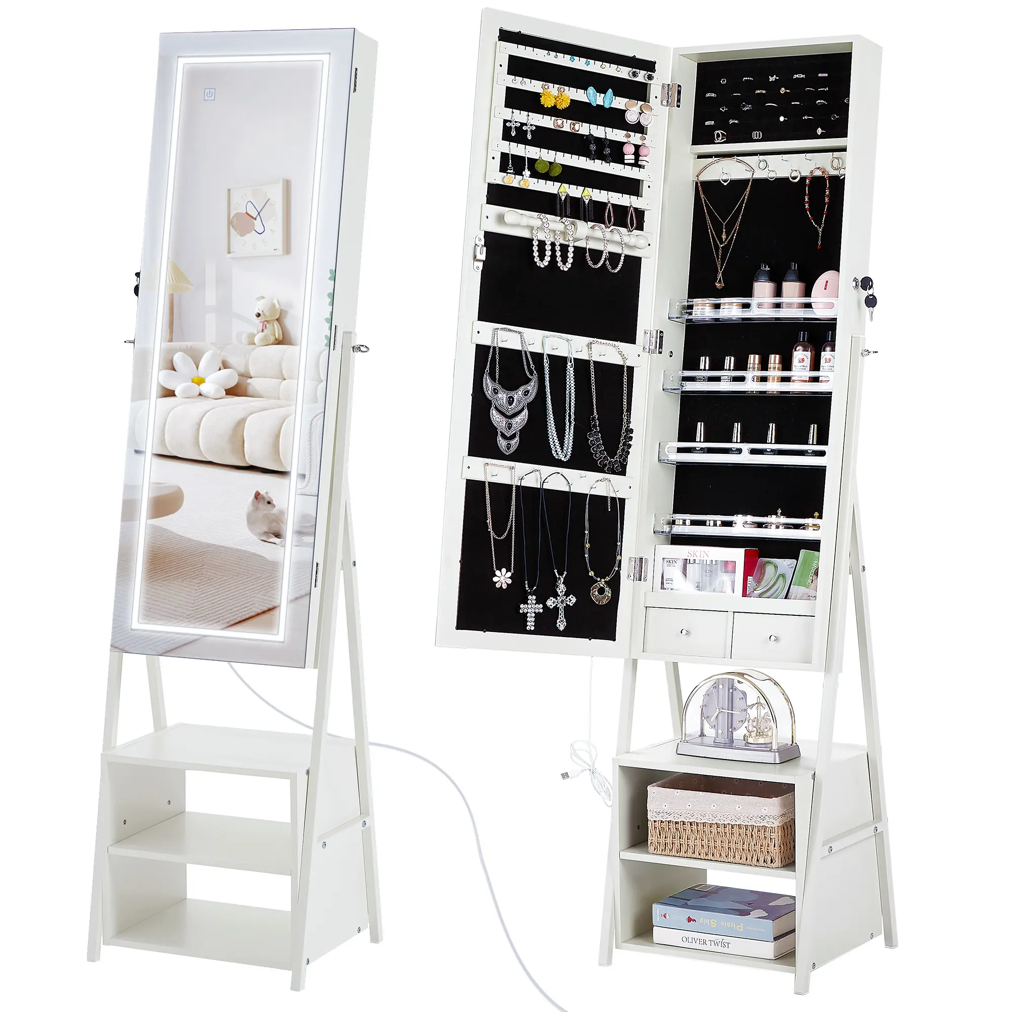 VECELO Jewelry Cabinet Armoire with Adjustable LED Lights Full Length Mirror Lockable Organizer Storage Standing Jewelry Mirror with 2 Drawers Jewelry