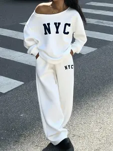 NYC Print Off Shoulder Sweatshirt & Wide Leg Pants Set loungewear set for women, Womenswear, Adjustable, featuring NYC letter graphic, off-shoulder long sleeve top, and loose wide leg pants with drawstring, soft brushed fabric, for streetwear, daily wear