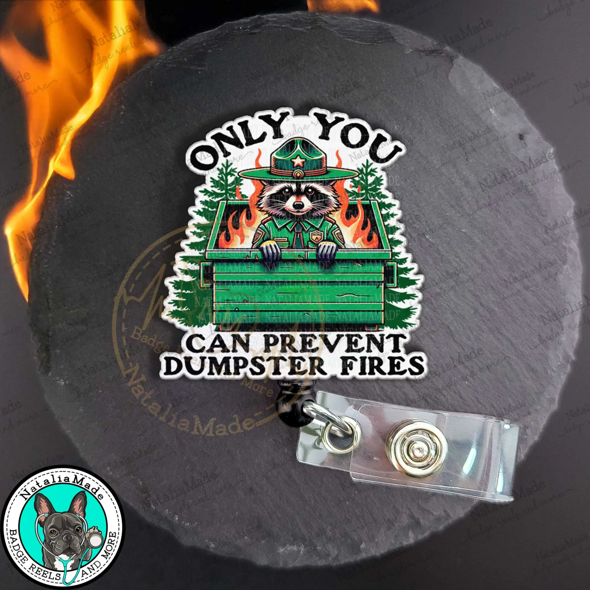 NataliaMade Funny Badge Reel- Only You Can Prevent Dumpster Fires Raccoon ID Badge Holder for Nurses, Healthcare Staff, Teachers, Retail Workers, Unique Handmade Dark Humor Name Badges for Healthcare Staff