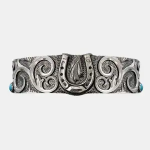 Patsy Cuff Turquoise | Hand Engraved German Silver  With Antique | Horse Shoe Figure | Turquoise Stones