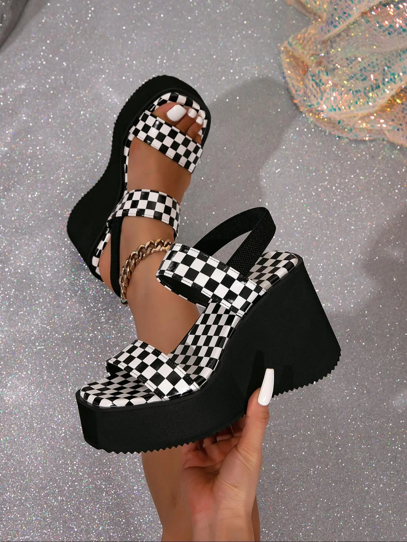 Women's Checked Pattern High Heel Platform Chunky Heels Sandals, Trendy Stylish Slip-On Wedge Sandals, Chic Versatile Shoes for Daily Wear