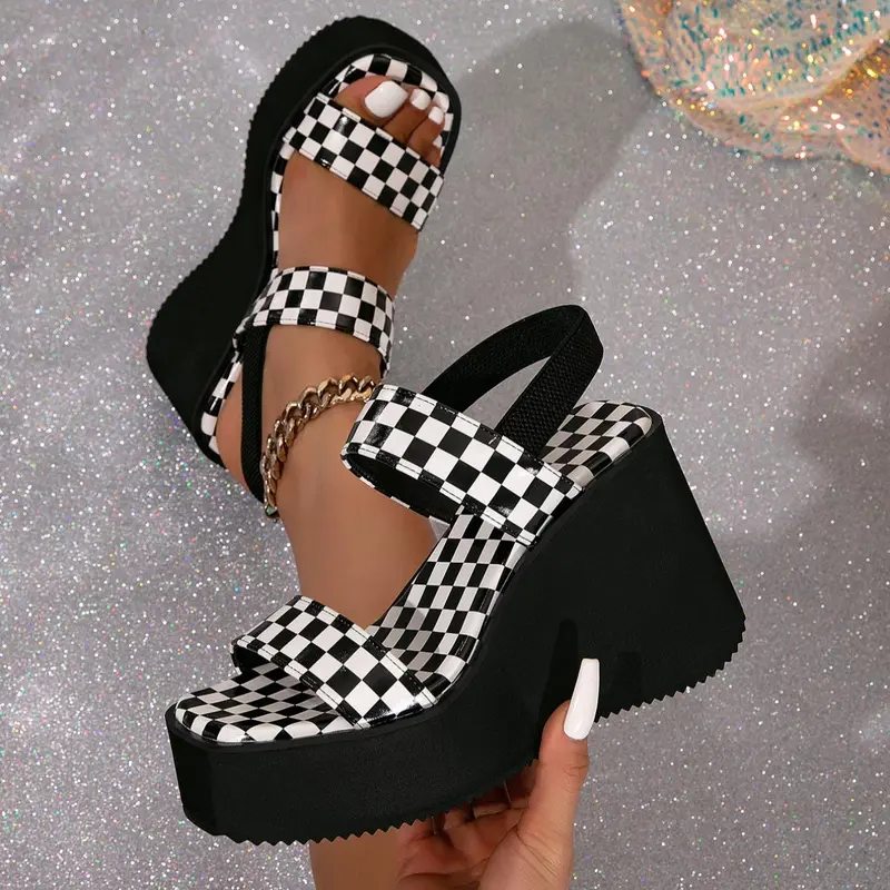 Women's Checked Pattern High Heel Platform Chunky Heels Sandals, Platform Sole Heels, Trendy Stylish Slip-On Wedge Sandals, Chic Versatile Party Footwear for Daily Wear, Heeled Wedge Shoes