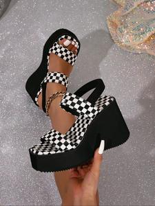 women's classy stylish checked pattern platform heels sandals, strap sandals, sandals for women, sandal wedges, unique elegant heeled sandals, fashion trendy slip on wedge sandals, high heels, chic all-match shoes for daily wear, footwear