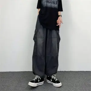 Kyn Apparel k Gray Parachute Cargo Pants Men Loose Fit Drawstring Hem Streetwear Trousers