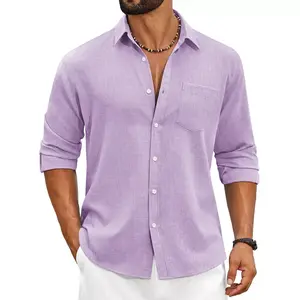 COOFANDY Men's Casual Button Down Shirt Long Sleeve Linen Chambray Shirt Purple S