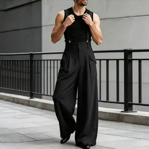 INCERUN Men's 90s Vintage British High-Waisted Wide-Leg Suspender Overalls Trousers