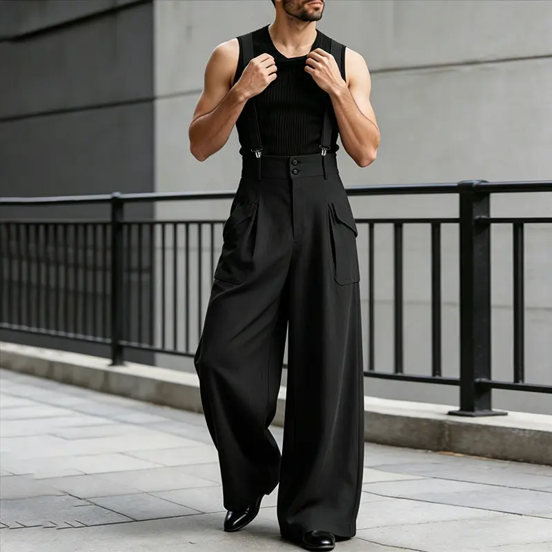 INCERUN Men's Elegant Retro High-Waisted Polyester Suspender Pants with Classic Wide-Leg Drape and Corset Waist, Menswear, Utility