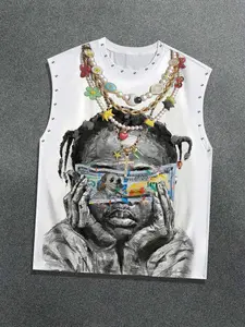 Y2K Dollar Mock-Up Vest Men's and Women's Same Style, Graffiti Cartoon Little Boy Print Sleeveless Loose Design T-Shirt, Fashion Punk Vest Summer 2026 New European and American Streetwear Trendy Brand Vest, Tank Top Casual
