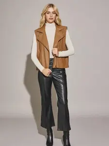 Deanna Oversized Faux Leather Vest Jacket Women's Golden Brown Fall Winter Fashion Relaxed Fit PU Polyester Outerwear