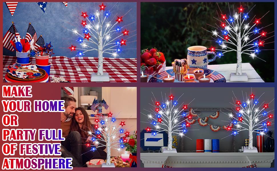 Patriotic LED Tree Lights, 24 Inch 4th of July Decorations Lighted Tree Lamp with 8 Lighting Modes & Timer, Red White Blue Tabletop Tree Light, USB Battery Operated Mini Bonsai Tree for Independence Day Indoor Home Table Party Decor