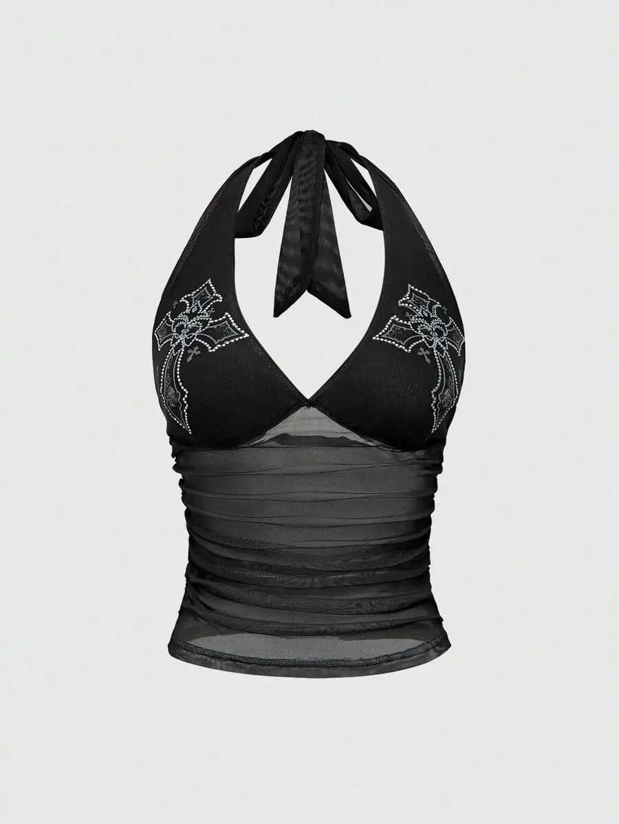 PULSE x Goth Women's Cross Rhinestone Embellished Sheer Side Slit Ruched Halter Neck Tank Top