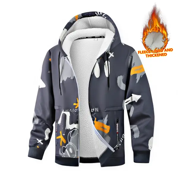 Men's Thickened Zipper Hooded Fleece Jacket, Warm Lined Casual Coat for Autumn and Winter, Suitable for Daily Commuting, Outdoor Sports, and Gym Workouts, Activewear Jacket, Outdoor Sportswear, Long Sleeve Open Front, Men's Inner Layer Jacket with Letter