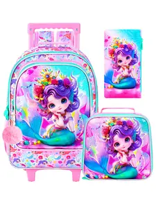 3Pcs Rolling Backpack for Girls, Kids Roller School Backpack with Wheels, Mermaid Wheeled Bookbag for Elementary Preschool Kindergarten, Book Sack(Pink)