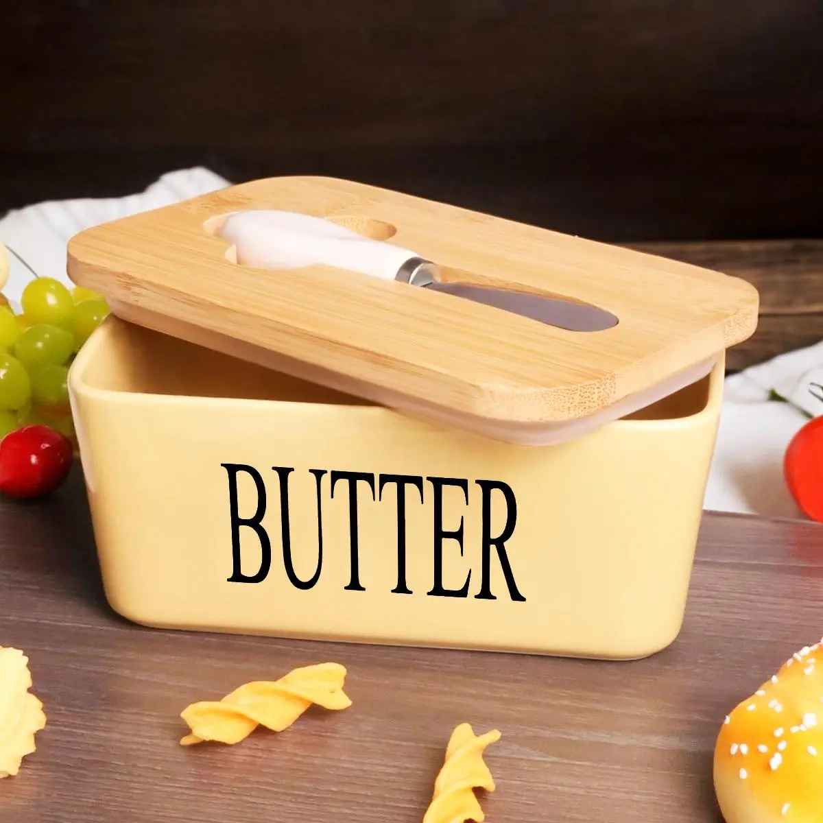 Multifunctional Ceramic Butter Dish with Butter Knife & Bamboo Lid, Refrigerator Butter Storage Container for Home Kitchen