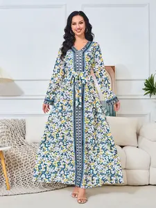 XXL Women’s Fashion Floral Print Belted Abaya Dubai Evening Dress