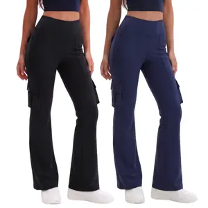 2 Pack Women's High Waisted Cargo Pants Flare Leggings with 4 Pockets Front Seam Tummy Control Bootcut Lounge Pants