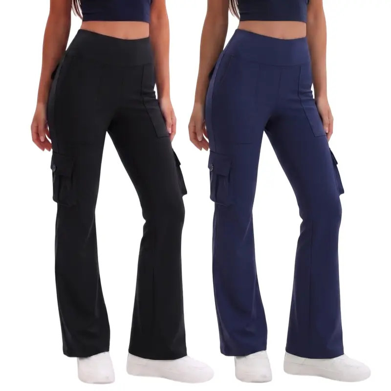 Women's 2-Pack High-Waisted Flared Cut Cargo Pants - Black+Navy, Buttery-Soft Stretch Knitting Fabric, Tummy Control Fit, 4 Cargo Pockets, Breathable, Essential Streetwear, All Seasons Athletic Bottoms