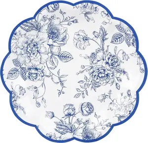 Vintage Floral Leaf Disposable Paper Plates - Wildflower Blue Toile 7" Scalloped Rim Dessert Plates for Christmas, Birthday, Bridal & Tea Parties