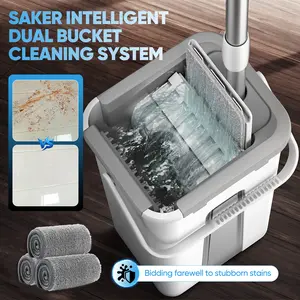 Saker Intelligent Dual Bucket Cleaning System with Adjustable Handle & 3 Washable Microfiber Pads for Efficient Floor Cleaning Kitchen Set