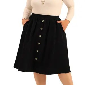Plus Size Corduroy Elastic High Waist Button Front A-Line Midi Skirt with Pockets
