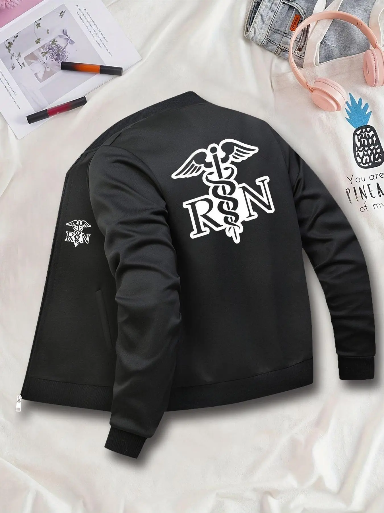 Women's Fashion Sporty Baseball Jacket with Rn Snake Pattern, Casual Graphic Zipper Cardigan, All Seasons Fitted Outerwear, Stylish Ladies Coat, Chic, Everyday