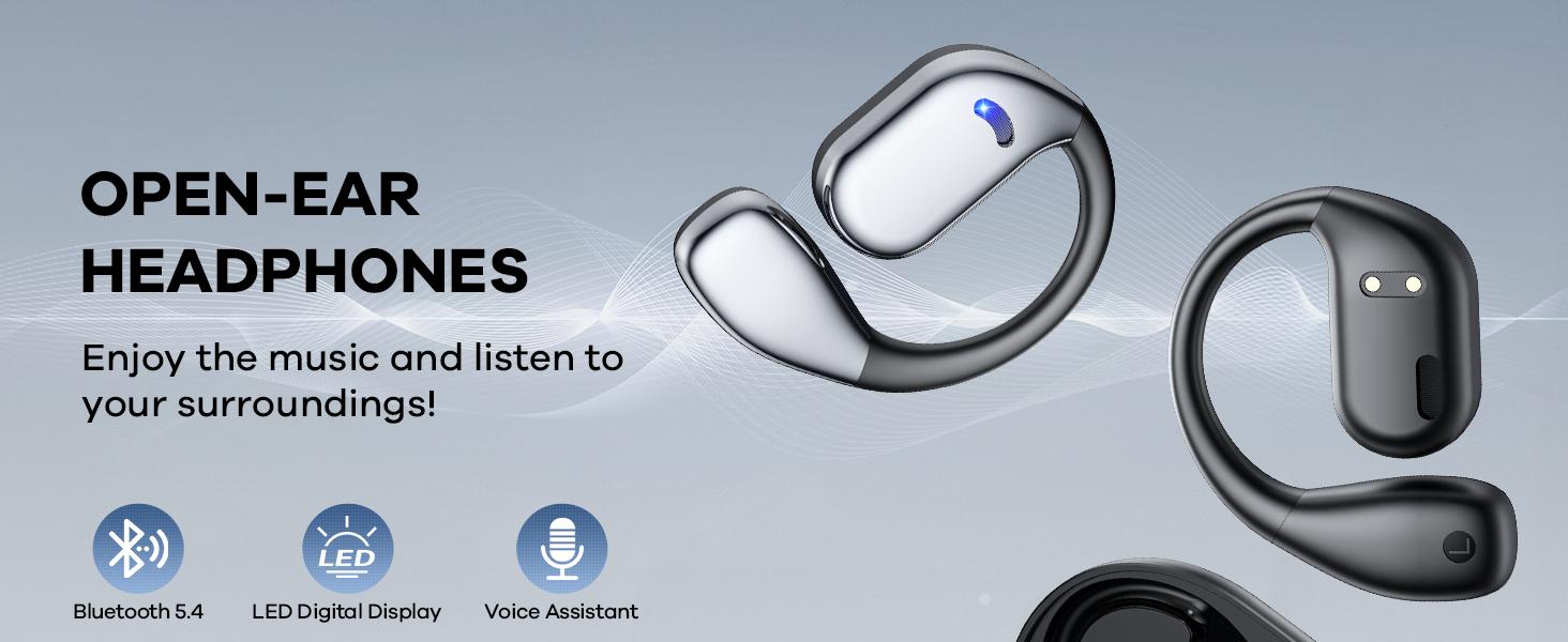Open-Ear Bluetooth 5.4 Wireless Headphones, Electronic Audio Device with LED Display, 60H Playtime, Call Mic, IPX5 Rated Waterproof, Secure Fit Sports Over-Ear Design, Soft Silicone Earbuds, Fast Charge, #SummerVibes outdoorfun