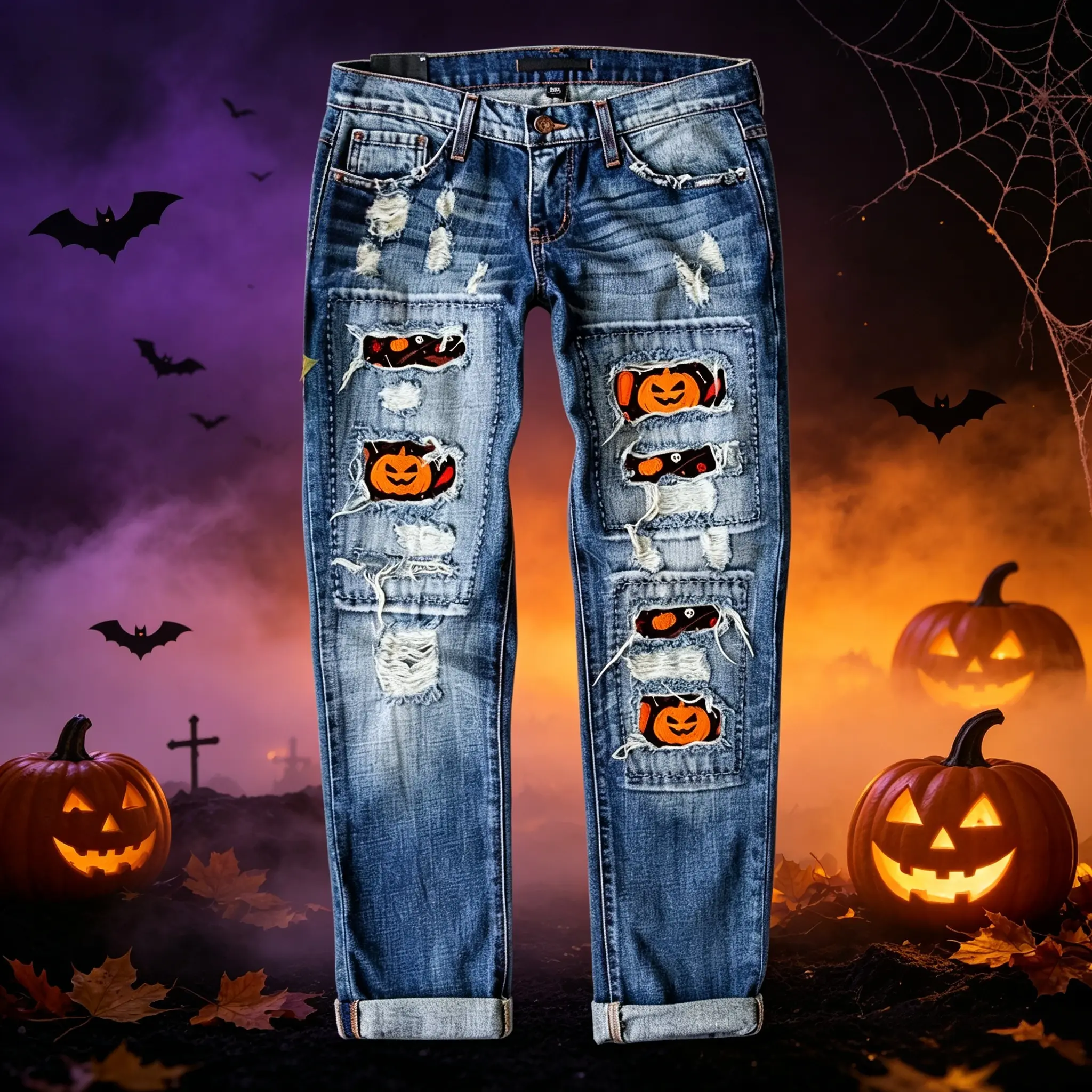 Lady's Ankle-Length Soft Loose-Fit H-Type Non-Stretch Straight-Leg Jeans - Front Button Closure, Distressed Details, Breathable Cotton-Polyester Fabric, Wave Patchwork, Printed Graphic, Foldover Design, Halloween Party Streetwear