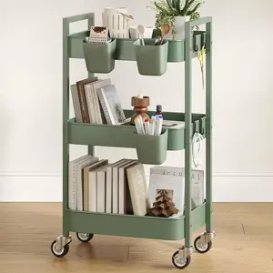 3 Tier Rolling Cart,Utility Cart with Locking Wheels, Hanging Cups,&Hooks, Heavy Duty Metal Storage Organizer Cart for Kitchen,Office, Bathroom,Craft Room,Green