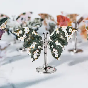 Crystal Bubble Ocean Jasper Butterfly Wings With Metal Holder