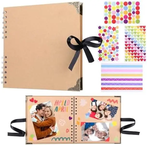 8"x8 Unisex Modern DIY Craft Scrapbook Album for Boyfriend, 60-Page Memory Book with Colorful Sticker Sheets & Metal Corner Protectors, Ideal for Wedding, Travel, Anniversaries (Brown), Craft Paper