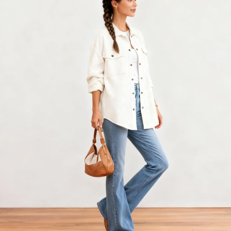 Women's Shacket Jacket with Pockets Casual Fall Coat Long Sleeve Flannel Shirts Button Down Collared Winter Clothes Fit Outfits Soft Warm Chic Oversized Tops