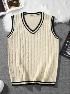 Men's Striped Print V Neck Cable Knit Sweater Vest, Regular Fit Casual Sleeveless Ribbed Jumper Vest for Daily Wear, Men's Knitwear for All Seasons, Tops
