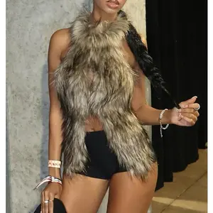 Women's Sexy Backless Halter Top, Sleeveless Split Hem Crop Vest, Faux Fur Tie Neck Casual Wear, Perfect for Parties & Night Out