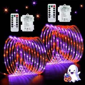 2 Pack Orange and Purple  Operated Halloween String Lights Outdoor Warterproof Total 200LED 8 Modes   Rope Lights Outdoor with Remote for Halloween Decor