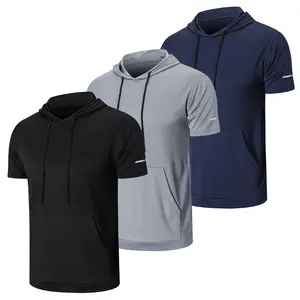 Men's Plain Round Neck Workout Short Sleeve Mesh Athletic T-Shirts with Hoods Spring Sportswear Compression Quick Drying T-shirt Back To School Tops 100% Polyester Four-Way Stretch Reflective Stripes