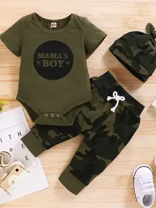 Baby Boy's Cotton Outfit Set Camo Print Long Pants With Coordinating Short Sleeve "MAMA'S BOY" Bodysuit And Matching Hat, Casual Style, Infant 0-24M Fashion Clothing Set, Outdoor Cloth