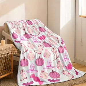 A Personalized Digital Print Pumpkin Fleece Blanket Featuring Autumn Leaves And Halloween Spooky Elements, Perfect for Keeping Warm During Naps in The Fall. This Versatile Blanket Is Suitable for Use in The Living Room, on The Sofa, Or for Travel