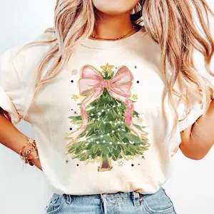 Christmas Tree Shirt for Women, Cute Christmas Tree Tshirt, Holiday T Shirt, Festive Xmas Graphic Tee with pink Coquette bow