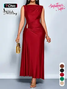 Aliling Elegant Sleeveless Midi Dress for Women High Waist Folds Boat Neck Bodycon Solid Female Evening Sexy Clothing Perfect for Party and Dates