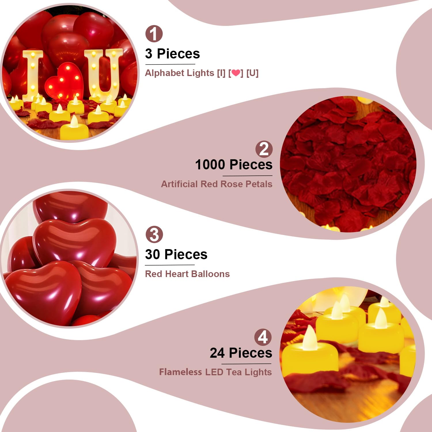 【Mother's Day 】I Love U Light Up Letters Proposal Decorations, I Love U Sign with 24Pcs Flameless Candles 1000Pcs Red Fake Rose Petals 30Pcs Red Balloons for Valentine's Day Wedding Proposal Romantic Night