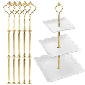 3 Tier Tiered Tray Hardware Kits Fruit Cake Plate Handle Fitting Hardware Rod Dessert Stand Holder Golden Crown 5 Set（Plate not Included）