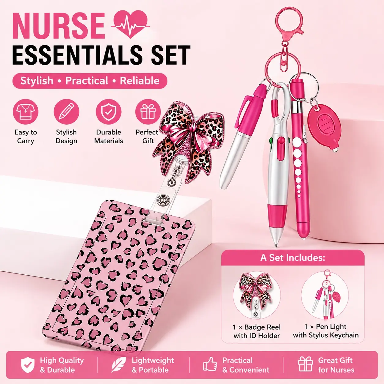 Cute Leopard Print Bow Badge Clip Set, 360 Degree Rotating Crocodile Clips, Includes Name Tag and Nurse Pen, Ideal Gift for Women