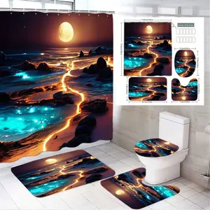 4pcs Magical Night Beach Bathroom Set – Surreal Shower Curtain with Glowing Full Moon & Golden River, Rocky Shoreline Toilet Seat Cover, Vibrant Ocean Floor Mats – Perfect for Dreamy Décor & Enchanting Relaxation