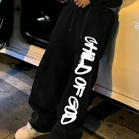 Child Of God Letter Print Straight Leg Sweatpants, Loose Fit, Unisex, Streetwear Casual, Athleisure Style Bottoms, Comfortable, Suitable For All Seasons, Swag Sports Pants For Men, Casual Comfy Sporty Sweatpants