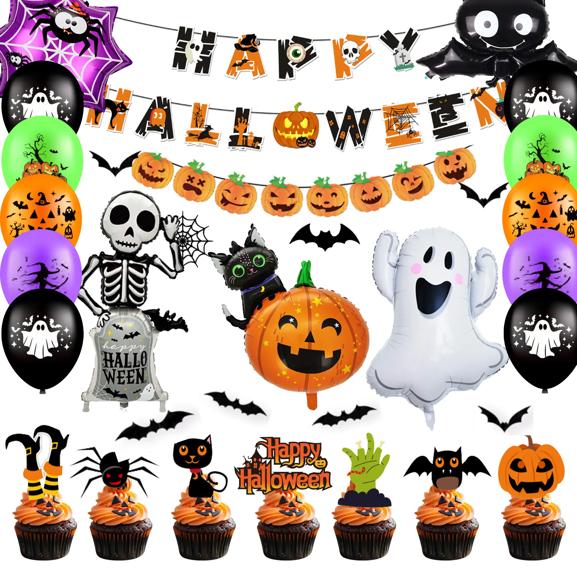 Happy Halloween Decorations 75Pcs Halloween Party Kit Happy Halloween Banner Halloween Balloons Halloween Deocration Foil Balloons Halloween Cake Topper etc Halloween Party Decorations Supplies