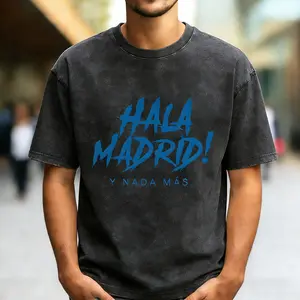 Men’s Vintage Washed Casual T-Shirt, HALA MADRID Letter Graphic Tee, Trendy Outdoor Streetwear Top, Comfortable Everyday Wear