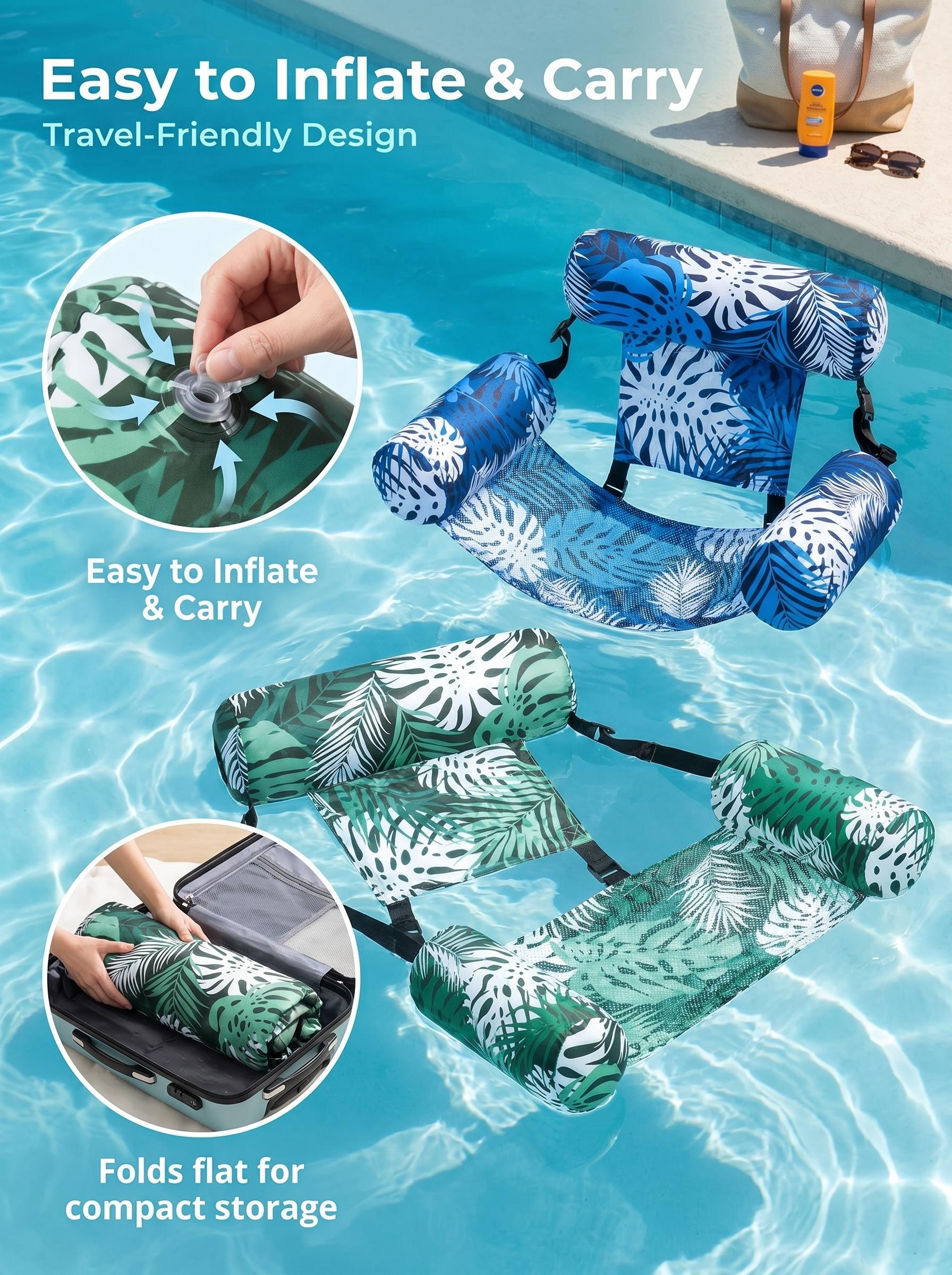 2-Pack Inflatable Water Hammock Lounger with Backrest, Adult Floating Pool Chair for Summer Relax at Pool Lake Beach